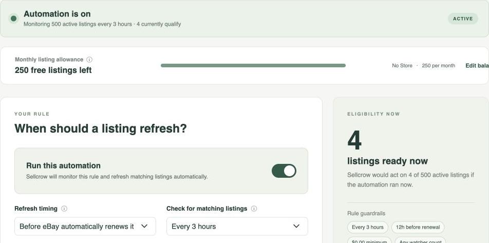 Sellcrow automation settings with automation active and four of 500 listings ready
