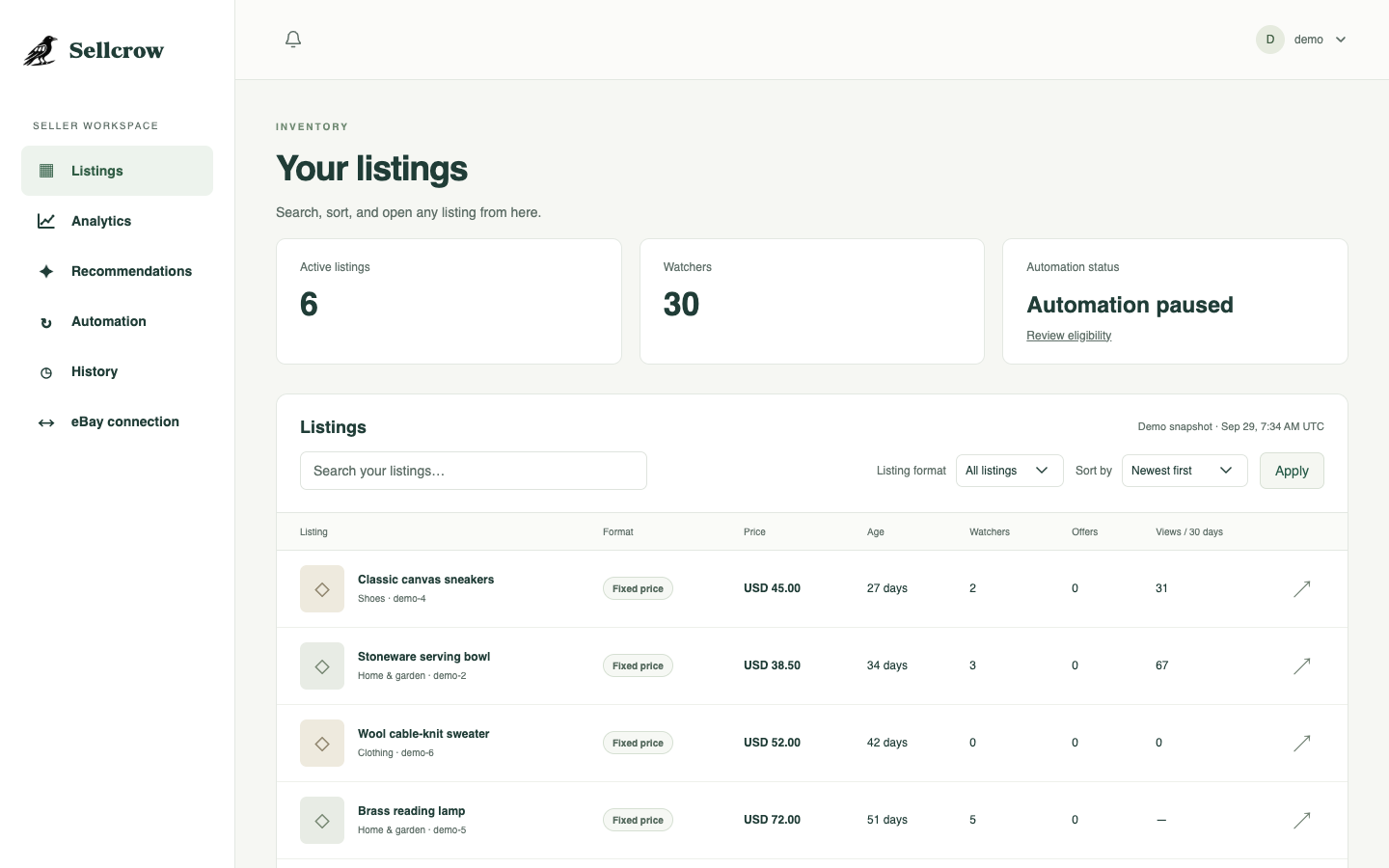 Sellcrow inventory workspace with active eBay listings