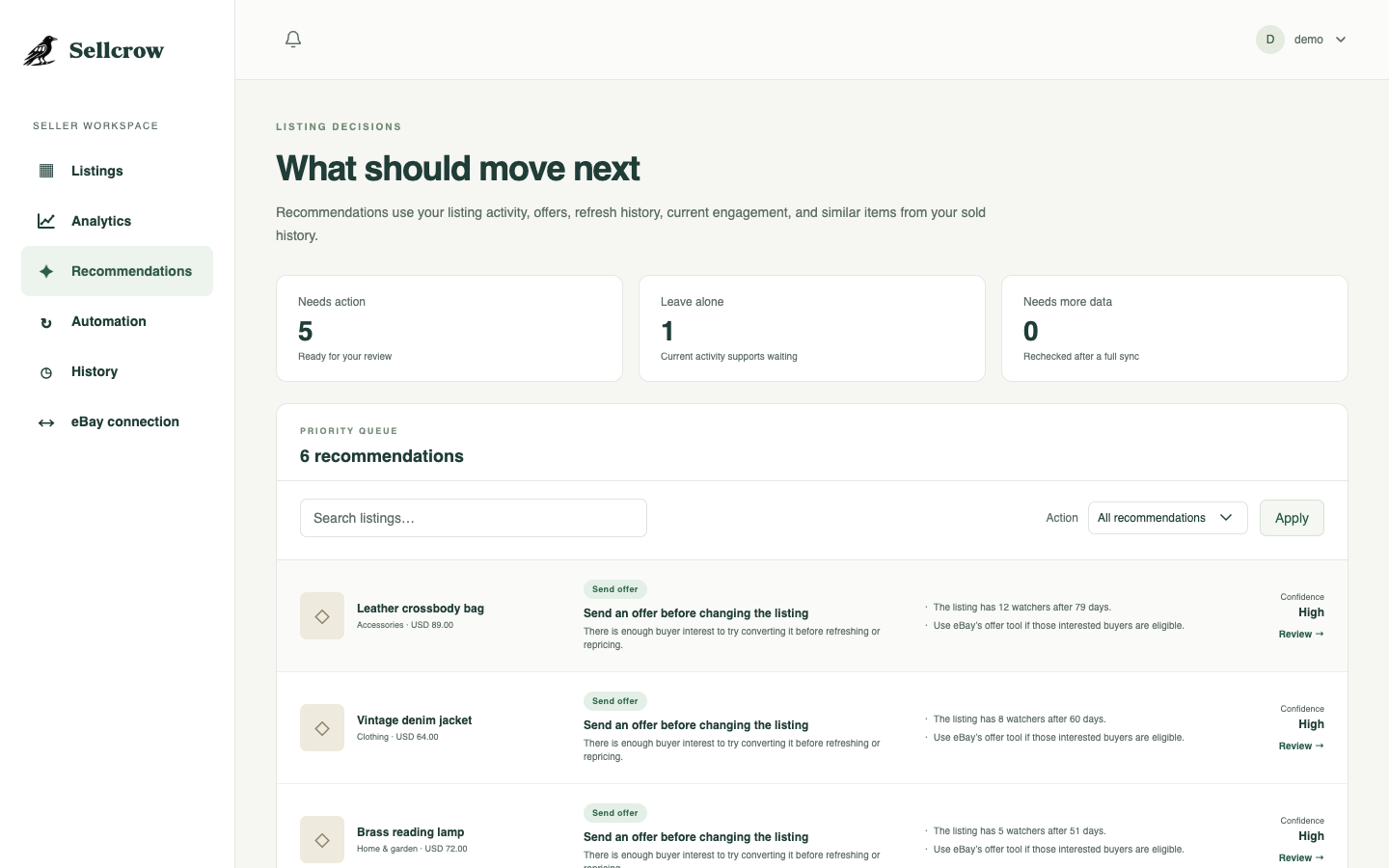 Sellcrow recommendations workspace showing listings that need attention